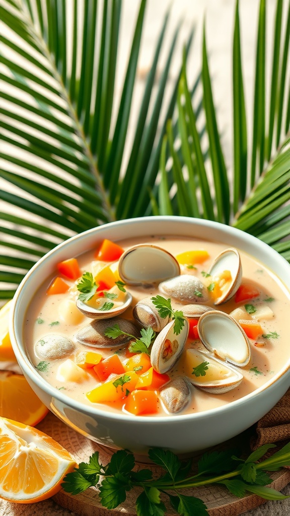 A bowl of tropical clam chowder garnished with cilantro, surrounded by palm leaves and a sunny beach backdrop.